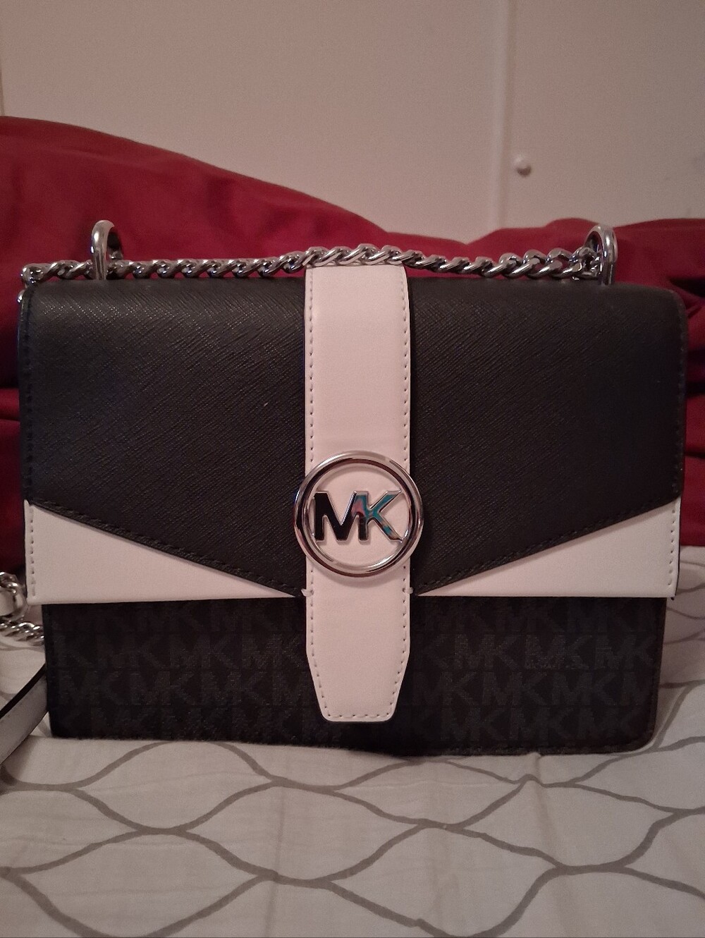 Michael Kors Black and White Monogram Chain Crossbody